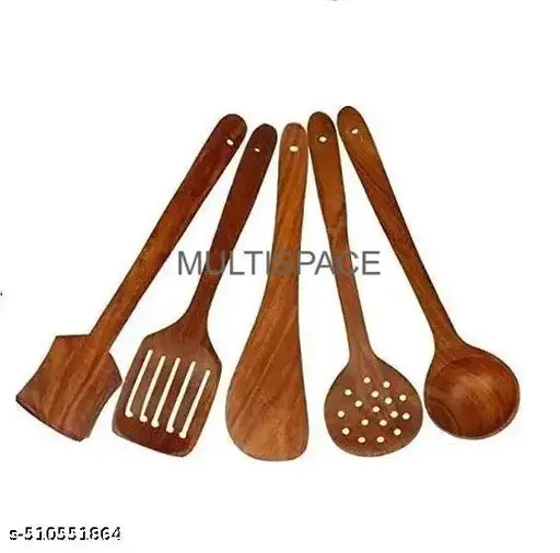 MULTISPACE (Set of 5) multipurpose Wooden Cooking Spoon Utensils Set for Non Stick cookware and Serving - Handmade Wooden Spatula