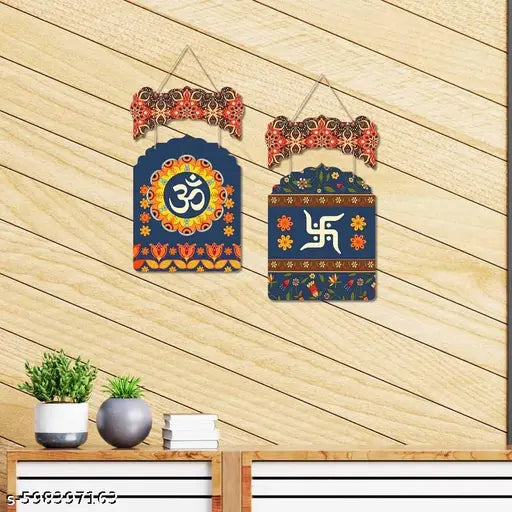 GRAH ROOPAM  Set of 2 handcrafted wooden Banderwal (torans) featuring traditional Indian motifs like Om, Swastika, Lord Shiva, and Lord Hanuman, perfect for festive door decoration.