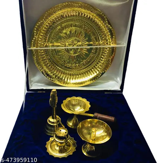 Pooja Thali Set_5 Pcs_Brass_Om & Gayatri Mantra Embossed on Plate (8.5inch)_Decorative Puja Set, Gifts for Diwali, Festivals (with Box)