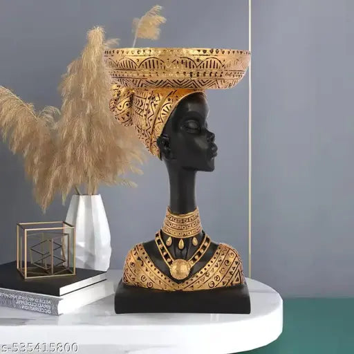 MEERUT HANDICRAFTS Vintage African Statue. Hand Sculpture African American Figurines. Exotic Tribal Lady African Art Piece for Home Decor. Figurines Home Decor. Room Decor for Women Size-11X8X23CM (Black & Gold)