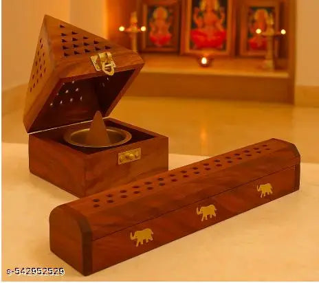 Wood Pyramid Dhoop Stand & 10 Inch Agarbatti Stand Combo - Sheesham Wooden Sambrani & Incense Holder for Pooja Room, Home & Office Use