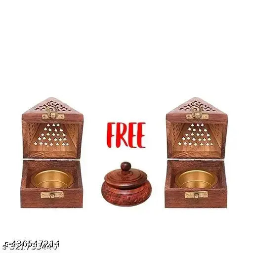 Wooden Set of 2 incense holder with 1 sindur box, Pyramid Incense Box Ash Catcher Fragrance Stand Agarbatti & Dhoop Dan, Sheesham(Rosewood), Gift Item | Temple Mandir Decoration