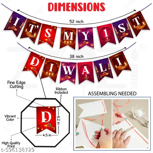 Zyozi® 1st Diwali Party Decorations, First Diwali Backdrop Decoration Kit Paper Banner & Photo Booth Props, Happy Diwali Decorations Kit for Home (Pack Of 31)