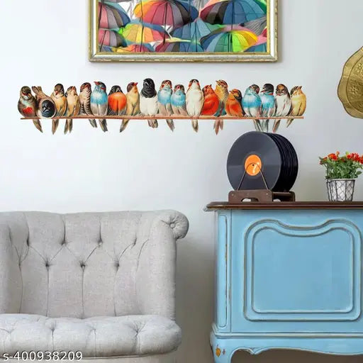 Shree Decor decorative multicolor birds setting on wire wall sticker