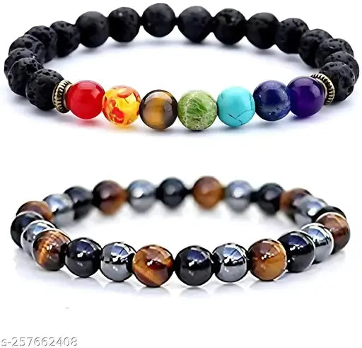 7 Body Chakras Healing Bracelet + Triple Protection Strong Healing Bracelet/Energy stone/Graceful Bracelet & Bangles/Original Stone Men/Women/Boys/Girls, Fashion Healing Accessories (Pack Of 2)