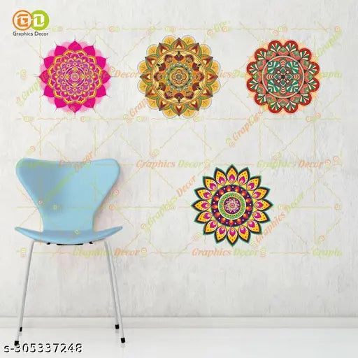 Graphics Decor | Combo Pack of 4 Colorful Rangoli Mandala Trending Floor Wall Sticker