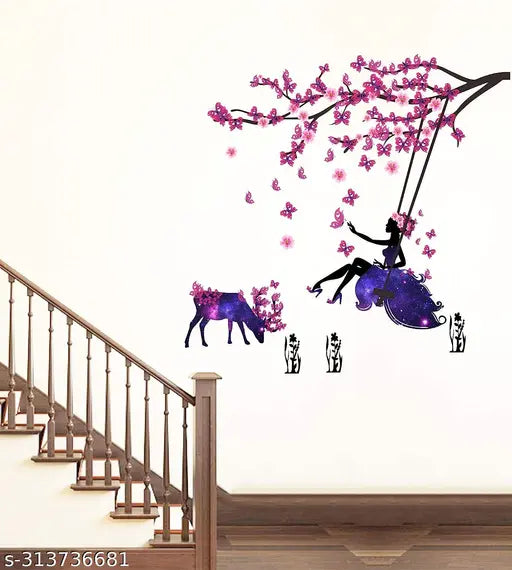 Wall Stickers Angel on Swing with Little Deer and Butterfly Wall Stickers Self Adhesive Sticker (Pack of 1)