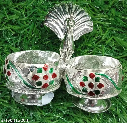 German silver Meenakari Peacock Haldi kumkum holder poja Room