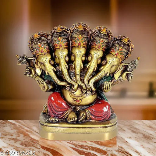 Panchmukhi Lord Ganesha Ganesh Ganpati Idol Statue Murti for Decoration and Pooja Gifting in Resin