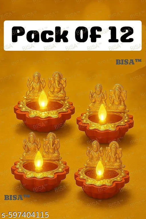 BISA™ Premium Water Sensor Diya | Pack of 12 Laxmi Ganesh LED Diya for Pooja & Festive Décor