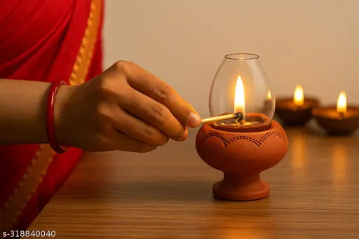 Our Rural Clay Deepam Diya with Glass Cover – Traditional Puja Oil Lamp with Glass Lid (Pack of 2)