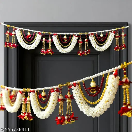 Artificial Jasmine & Red Flower Toran Bandarwal | Decorative Door Hanging with Beads & Bells