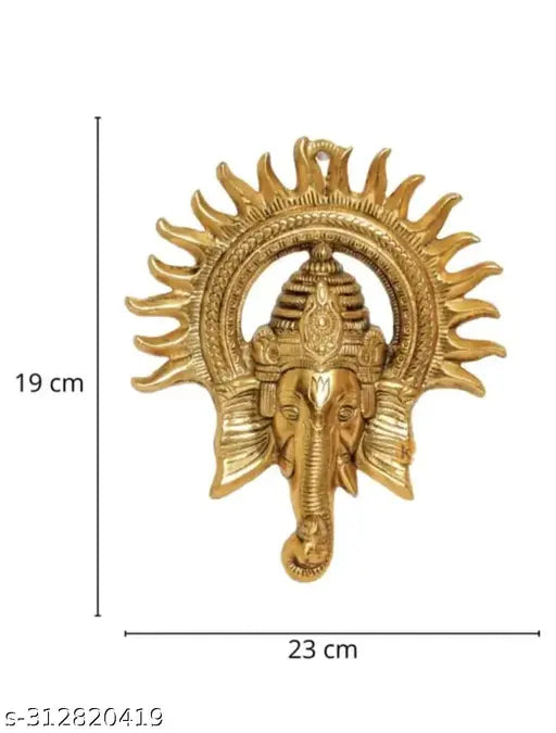 Lord Ganesh with Surya Kiran wall hanging statue for home & office, used for Vastu & decoration | For prosperity, power & good luck in life | Handcrafted Golden Color White Metal Idol |