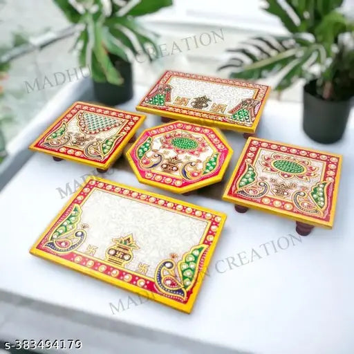 Floral Art Design Marble Pooja Chowki for God | Handcrafted Marble Chowki for Puja Home Mandir, Idols Sitting, Pratima Murti (Pack of 5, Size: 4" x 6" Inch)