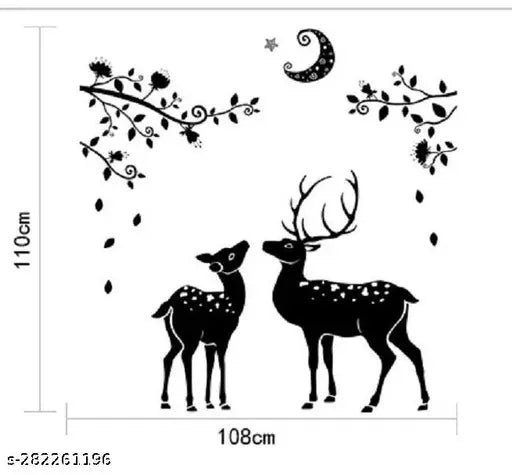 Wall Decal Sticker black deer leaf design with Moon Night Stars Self Adhesive Sticker  (Pack of 1)