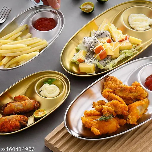 VATTU Kitchen Stainless Steel Snack Plate Grid Oval Cutlery Sauce Plate Western Food French Fries Fried Chicken Dim Sum Plate Split Plate Oval Camping Adult Snack Plate (Gold)