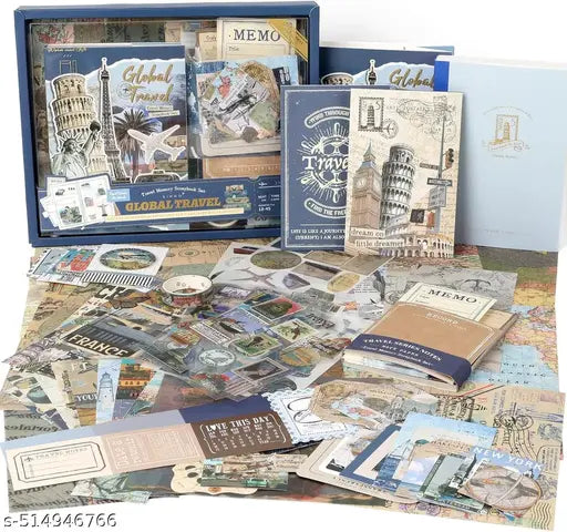 World Travel Scrapbook Kit A6 Grid Notebook Stationery Junk Journal Kit Scrapbooking Supplies Kit Craft DIY Gift for Adult Teen Girl