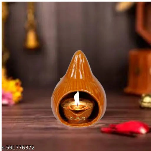 AL- BISMI Ceramic Oil Lamp for Pooja Room, Diya Lamp,  Pack of 1 with Free Thread Wicks (Large, Coconut Shape)