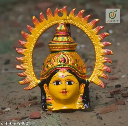 Varalakshmi Face Laxmi Face Figurines Amavari Matha Ring Face Durga Mata Yellow Ring Face Varalakshmi Devi Decorated Handmade Metal Face (Yellow)
