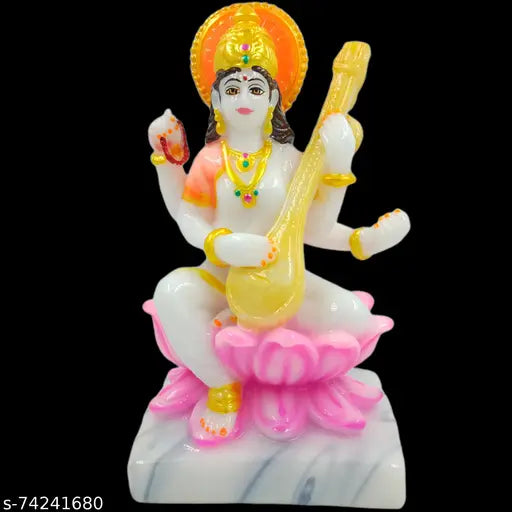 Om Sai Gifts Kamal Saraswati Maa Idol in Marble Material | 7.5 inches | Multicolored | Ideal for Home Temple puja | Festival pujan | Home Decor | showpiece | Gift Item