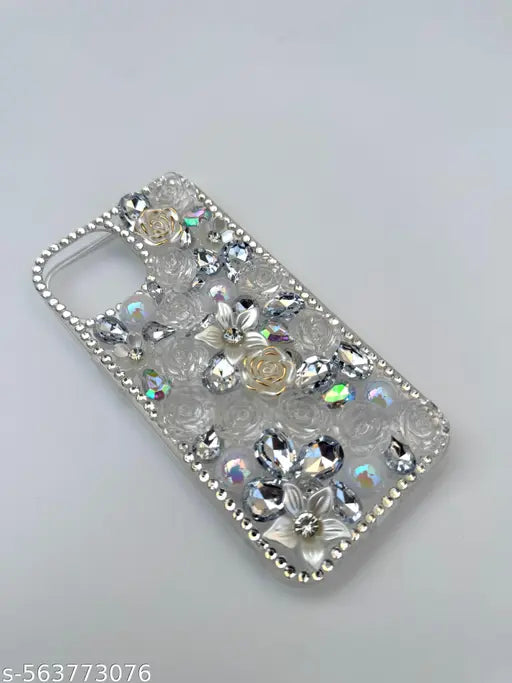 iPhone 13 New Luxury 3D Floral Crystal Case – White Rose & Pearl Design For luxury Girls and Women