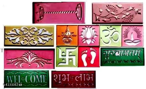 Amazing hub Set of 13 DIY Rangoli Stencils Ready to Draw Rangoli Making Stencils for Navratri Janamashtmi Holi  Pongal Diwali Pooja Mandir Floor Decoration (Size 4x4 inches) + (Size 3x7 inches) .