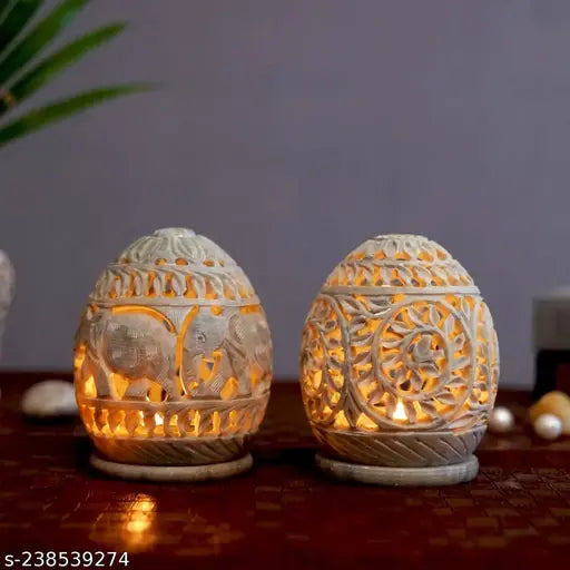 Marble Soapstone Tea Light Candle Holder Set of 2 | Egg Shape | Home & Office Décor | Tea Light Gift Set for Festive Season | Gift Hampers for Special Occasion-3.5 inch
