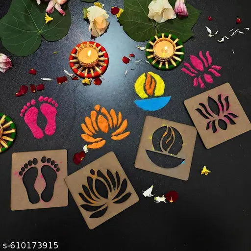 WallArts Diwali Rangoli Stencil Designs Set of 12 Pieces 4x4 Inch, MDF Rangoli Making Tools for Home Floor Decor, Navratri Festival Decoration, (SM63)