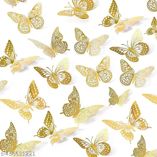 12pcs 3D Metallic Finish Home Decor Butterflys with Sticking Pads - Metallic Butterflys Decorations Party 3D Butterflys Wall Stickers (Golden-Set of 12)