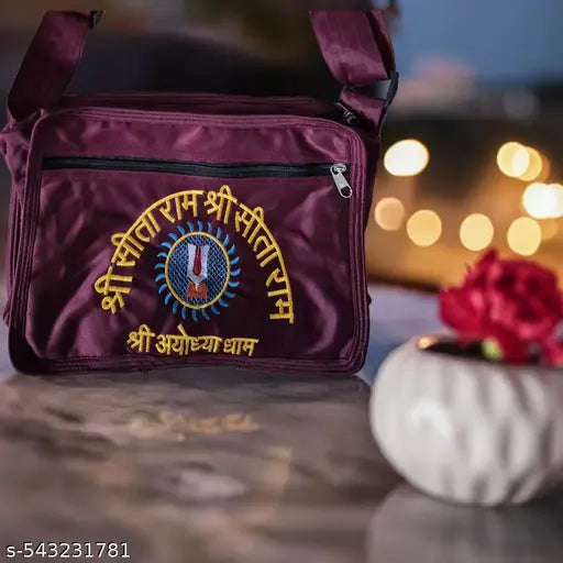 Maroon Shri Sita Ram Ayodhya Dham Embroidered Devotional Shoulder Bag for Men & Women[9x12]
