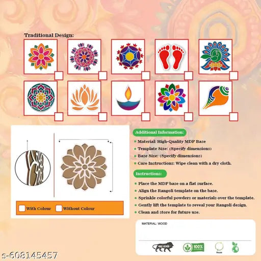 Kidli Kalash 10 Inch Durable Reusable Floor MDF Rangoli Design Stencil For Diwali, Navratri, Ganesh Chaturthi, Weddings, Traditional Designs For Home Décor | Rangoli Making Tools, MR6