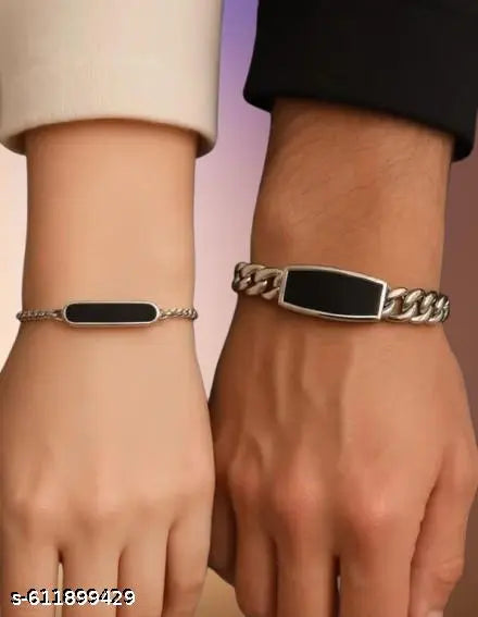 Stylish Stainless Steel Couple Bracelets - Black Engraved ID Plate Design for Men & Women, Trendy Adjustable Link Chain Set