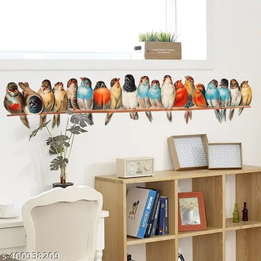 Shree Decor decorative multicolor birds setting on wire wall sticker