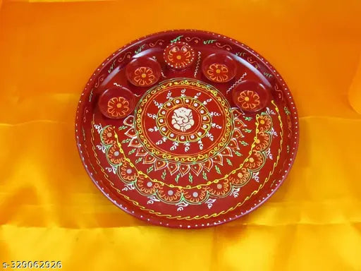 GW Ethnic Decorative Stainless Steel Hand Paint Ganesha Pooja Aarti Thali Set with Diya/Haldi Kumkum Holder/Rolli Chawal Plate | Puja Thali with Deepak Holder for Temple and Home