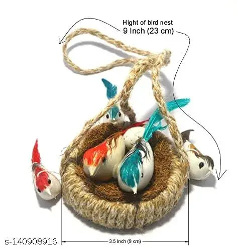 CAMELLIA GRINS Handmade Artificial Jute Hanging Birds with Hanging Nest Jhumar Showpiece Chidiyan Ka Ghosla for Home Décor Home Decoration Pack of 1 Decorative Jhumar- 23 cm (Jute, Multicolor)