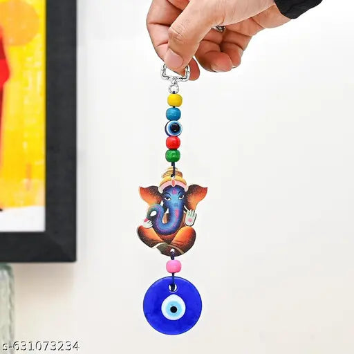 Auspicious Ganesha Decorative Hanging with Beads & Bell – 9.5 Inch Wall/Door Ornament for Home & Office Decor
