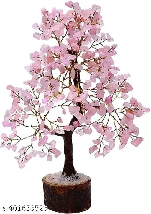 Rose Quartz Crystal Bonsai Money Tree Natural Gemstone Feng Shui Home Office Decor Good Luck Wealth Prosperity Reiki Healing Positive Energy Spiritual Gift (Size 10-12 Inches, Golden Wire) Decorative Showpiece - 30 cm  (Stone, Crystal, Stone, Pink, Gold)