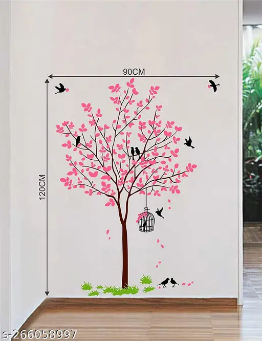 Pink Tree With Birds Cage And Nest '(PVC Vinyl,Multicolour) 1 cm Large Self Adhesive Sticker (Pack of 1)