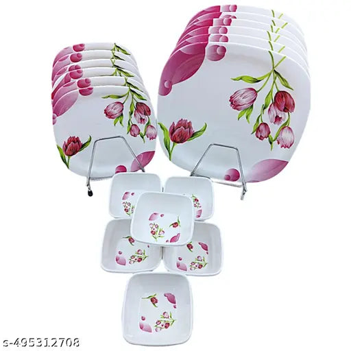 Perfectdine 11/8 inch Melamine Printed Design Dinnerware Set of 32 pcs (6 Dinner Plates ,6 Half/Quarter Plates, 12 Bowl, 6 Table Spoon 2 service spoon  Set)