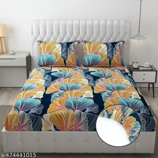 Super Soft Glace Cotton All Round Elastic Fitted Double Bed Bedsheet with 2 Pillow Covers-72x78x8 Inches