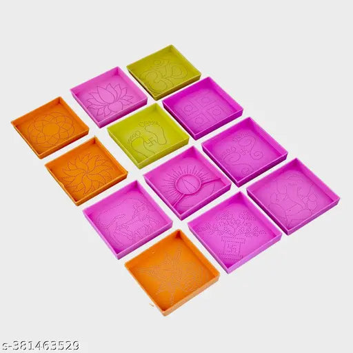 Doted Multi Design Ready to Draw Rangoli Making Stencils, Rangoli Plastic Stencils for Diwali Floor Decoration (Set of 12, Size3x3 Inch)