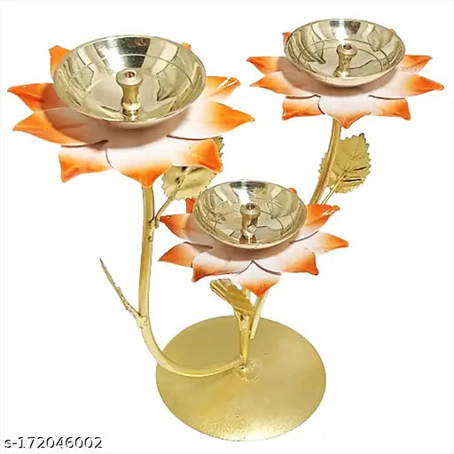 KAPER Antique Diwali Decorative Brass Iron Diya for Puja, Mandir and Home Decor Orange Diya Oil Lamp Stand(7 Inches)