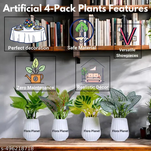 Flora Planet Artificial Plants for Home Decor – Realistic Fake Plants, Durable Plastic Wall Decor for Living Room, Bedroom, Office – Set of 4 (6x12 cm) – Perfect Indoor Greenery & Wall Decoration Items
