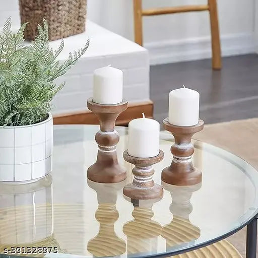 A Piece of Wood Gray Rustic Candle Holders Mango Wood Candle Holders Candles Pillar for Home in Living Room,Bedroom,Dining Table Centerpiece Set of 3 Candlestick Holder.