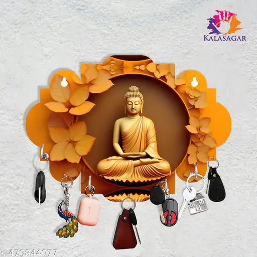 Kalasagar Premium HD Lord Buddha Wooden Key Holder | Key Hanger | Wall Key Stand for Home Decor Gift Items - Multicolor, 5.5' x 8' Inch (Pack of 1)