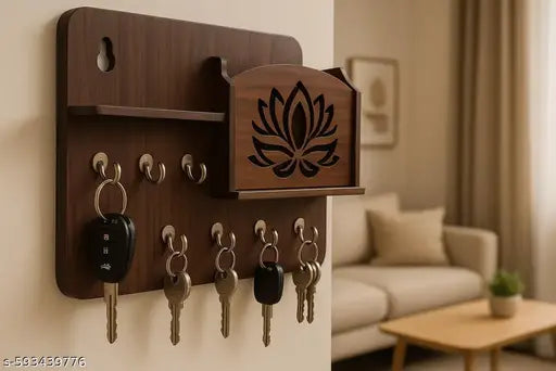 Shiva’s Jewels – Wooden Lotus Key Holder with Shelf | 8 Hook Wall Key Hanger with Letter/Mail Holder | Elegant Home & Office Organizer