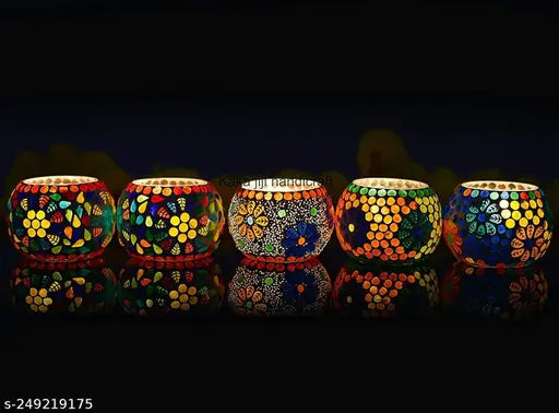 Mosaic Tealight Candle Holder for Home & Office Decor II Living Room II Dinning Table II Candle Tealight Dinner ( Set of 5 ) ( Design Multi )