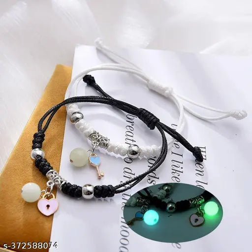 2 PCS Handmade Matching Couples Bead Heart Charm Bracelets Adjustable String for Women Men Mother Daughter Best Friends