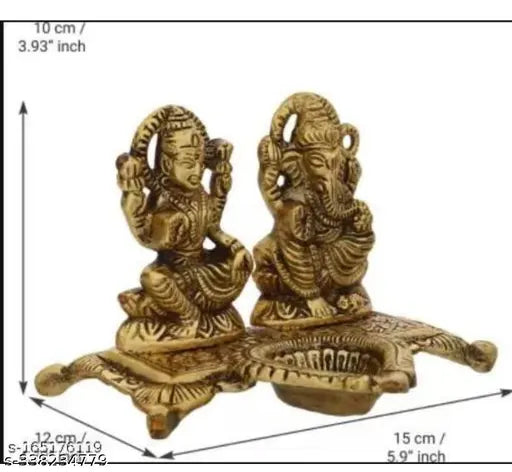 Lakshmi Ganesha with Diya Metal Idol | 15 cm Decorative Murti | Diwali Pooja & Home Temple Decor