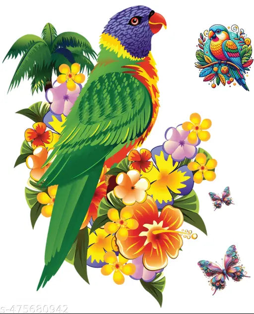 Vastu Green Parrot Self Adhesive Paper Wall Sticker Poster - (Multicolour), Beautiful Flower & Parrot Rangoli New Modern Art & Trendy Wall Stickers for Living Room, Bedroom and Home Decoration, Size- Large 32X48 cm